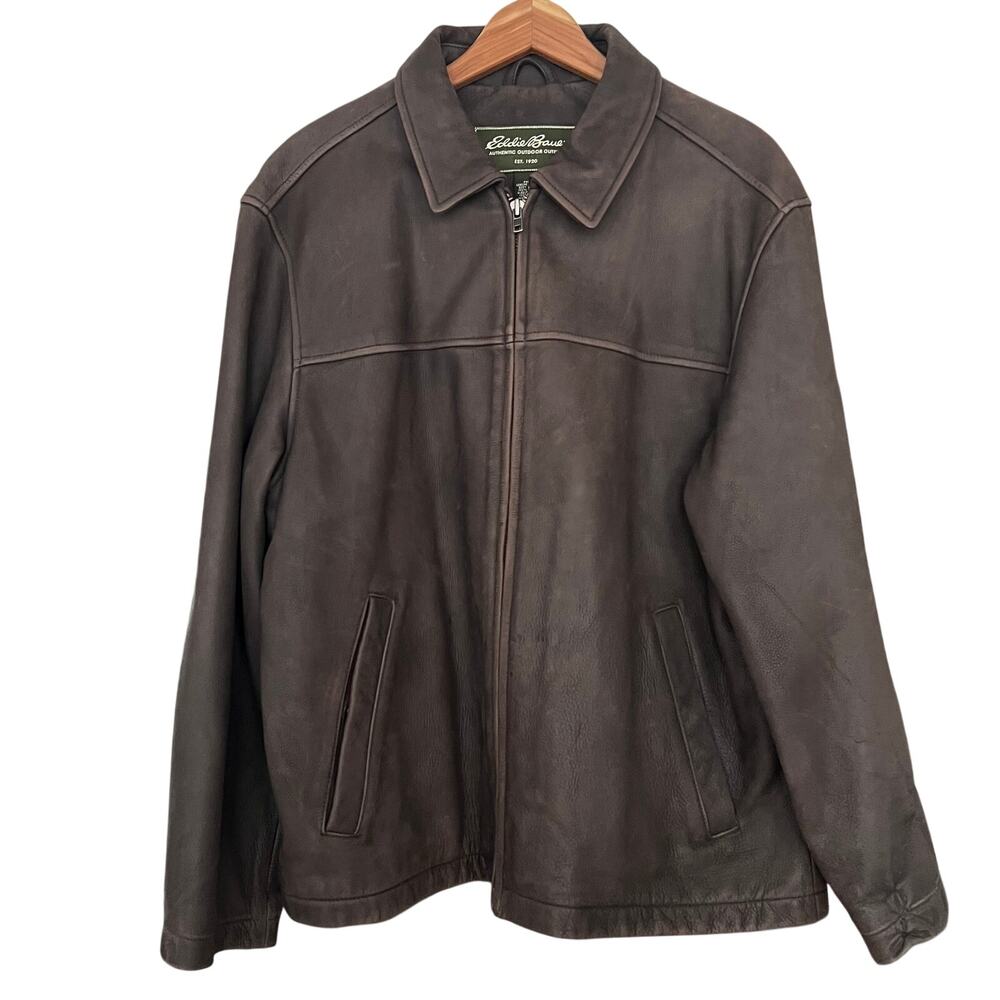Vintage Eddie Bauer Brown Leather Jacket Men’s Large Minimalist Zip Coat